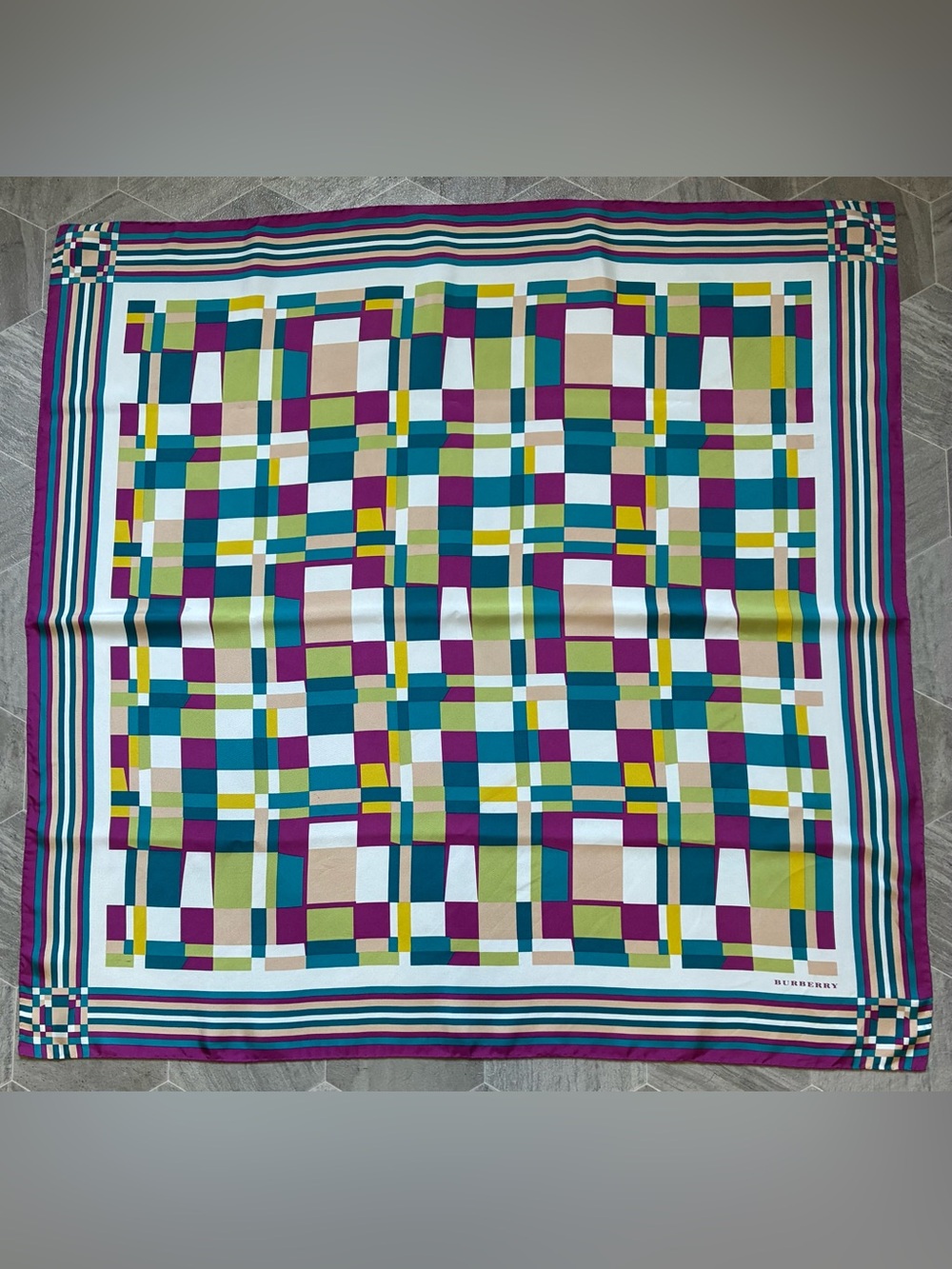 Burberry Multicolor Geometric Silk Scarf - Teal, Magenta & Lime Green on White